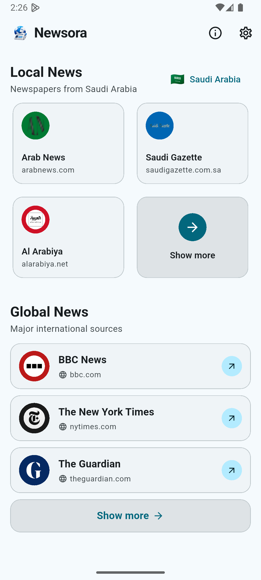 Newsora home screen showing local and global news